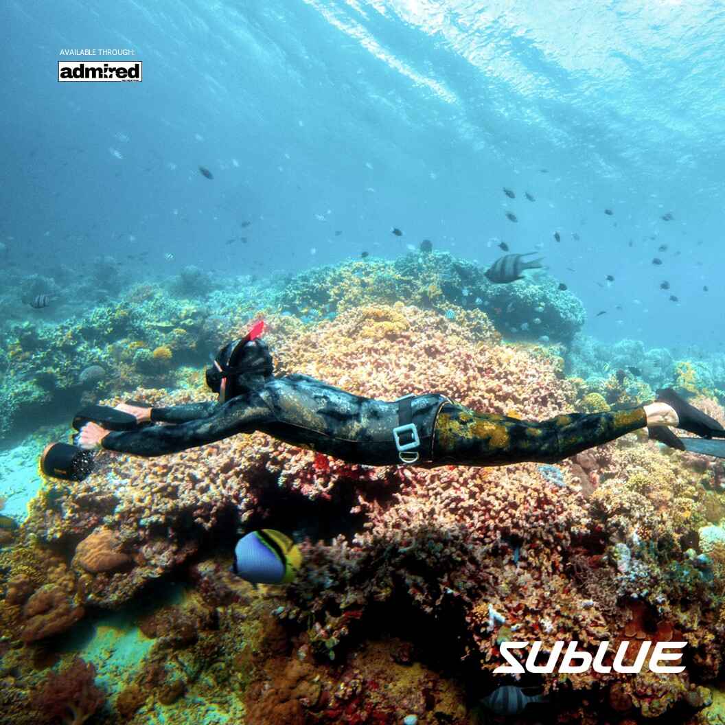 Diver using SUBLUE MixPro underwater scooter with smartphone mount for capturing underwater moments.