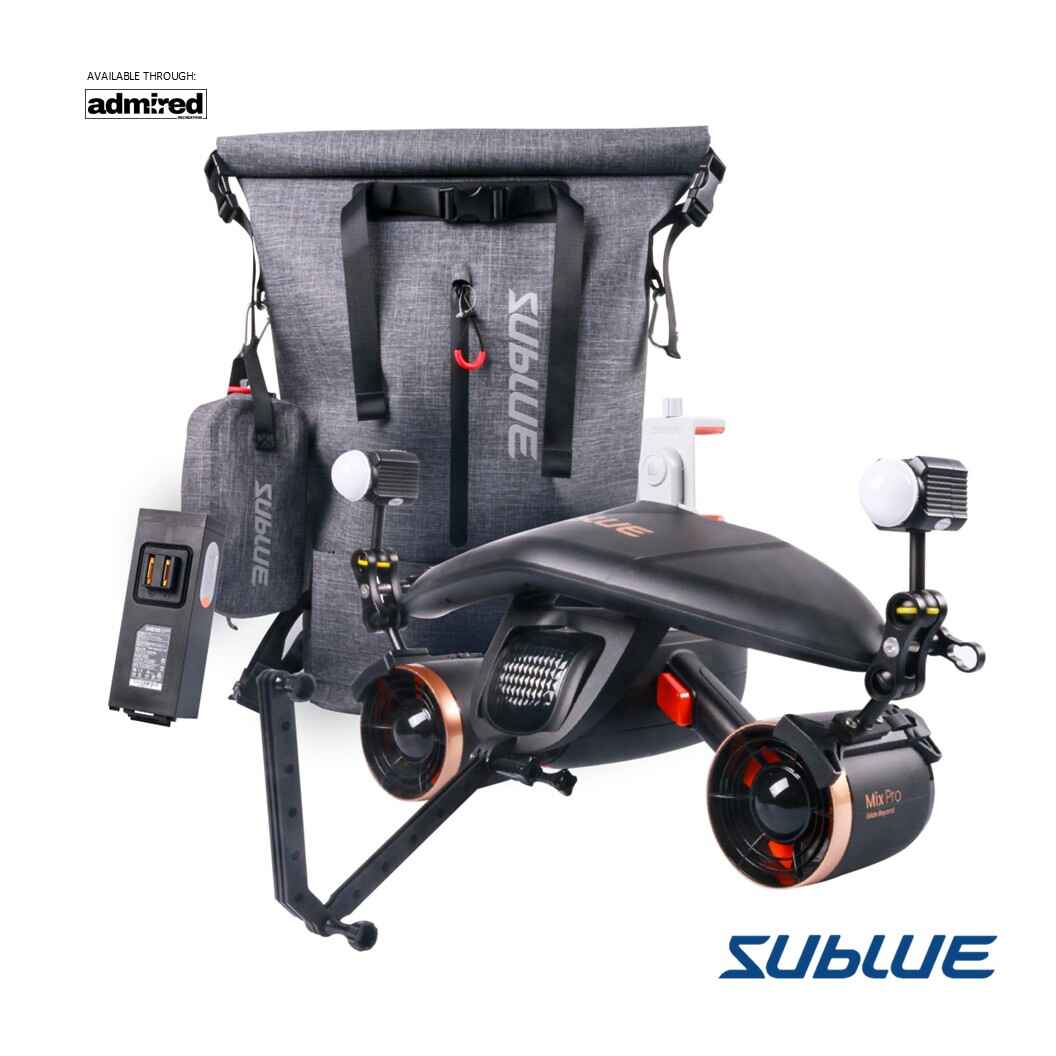 Sublue Mix Pro underwater scooter with camera mount and accompanying accessories.