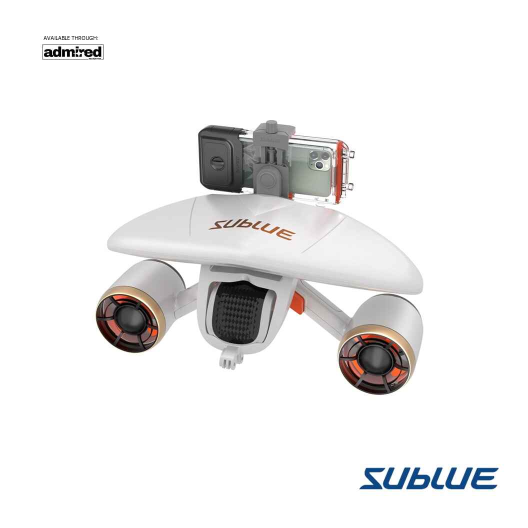 Top view of SUBLUE MixPro underwater scooter with smartphone mount for capturing underwater moments.