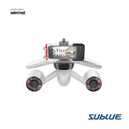 Top view of SUBLUE MixPro underwater scooter with smartphone mount for capturing photos.