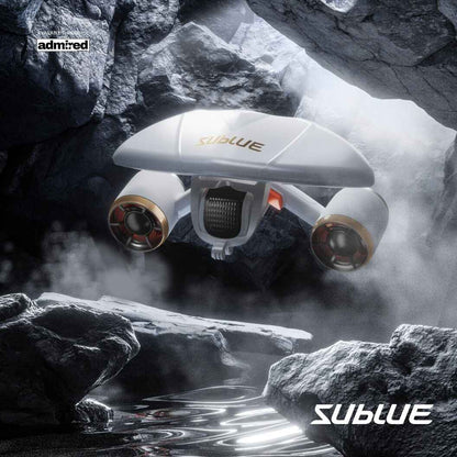 Sublue MixPro underwater scooter in an underwater cave with rocks and mist.