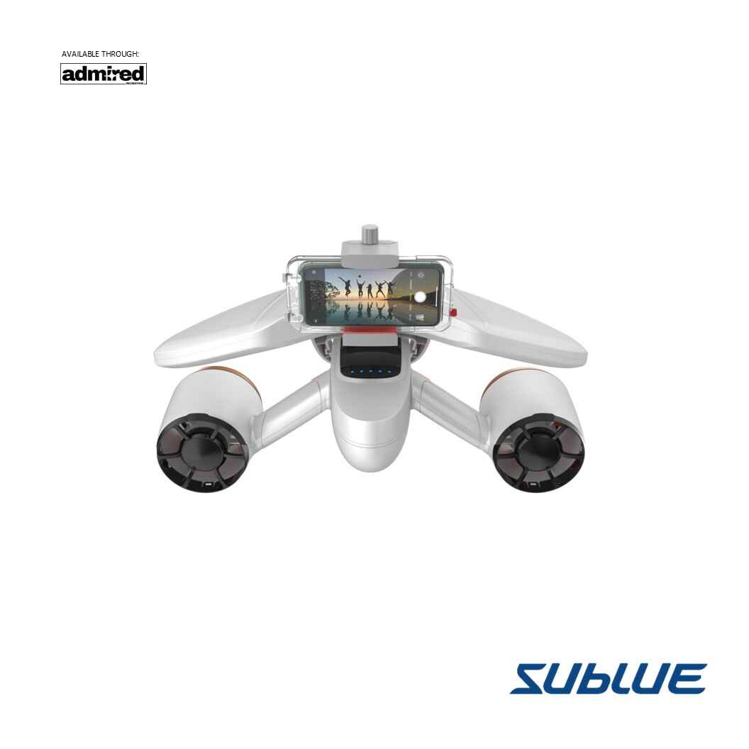 Top view of SUBLUE MixPro underwater scooter with smartphone mount for capturing underwater moments.