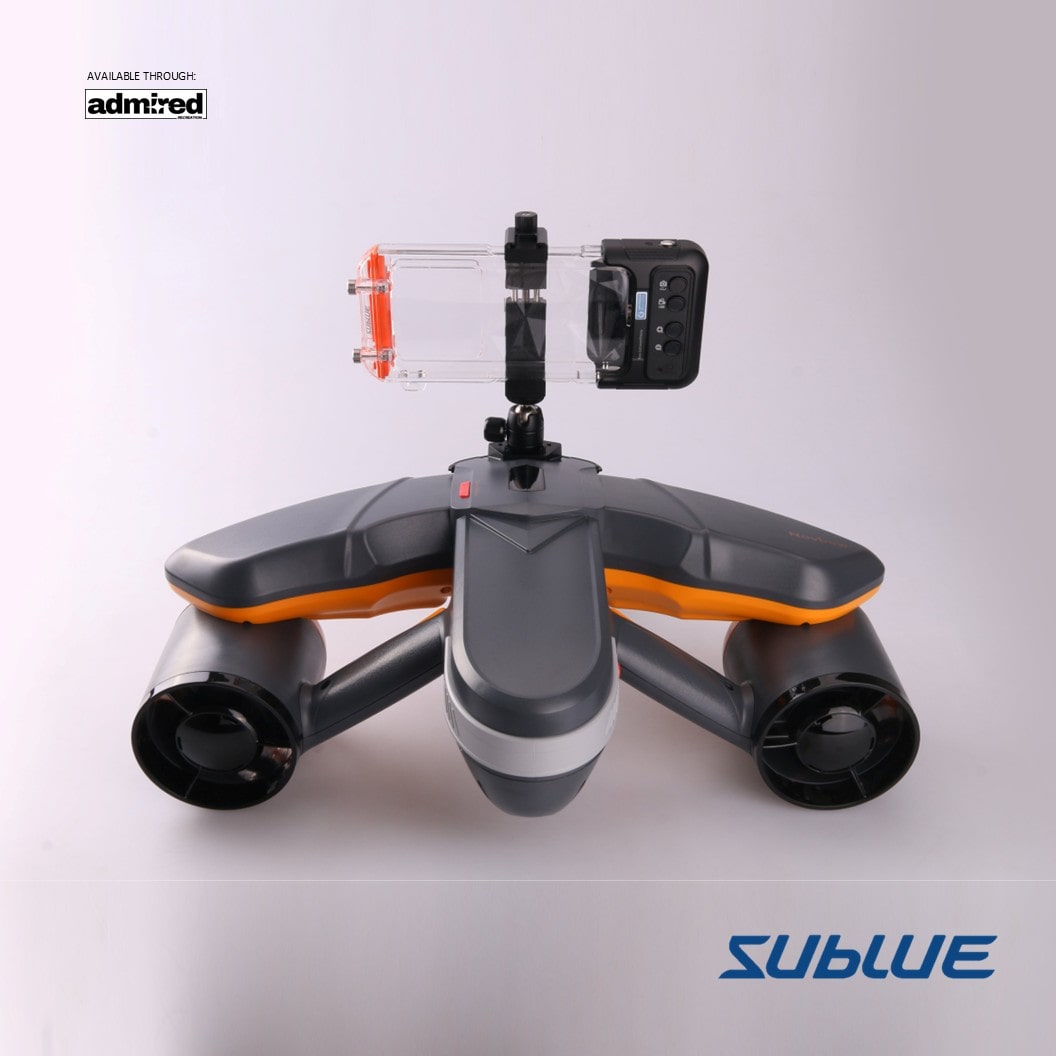 Sublue underwater scooter with H1 phone case mounted on top for underwater photography.