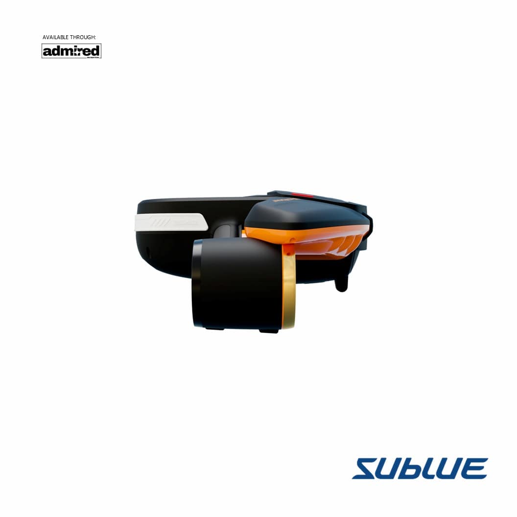 Close-up of SUBLUE Navbow+ underwater scooter with dual propellers and sleek design.