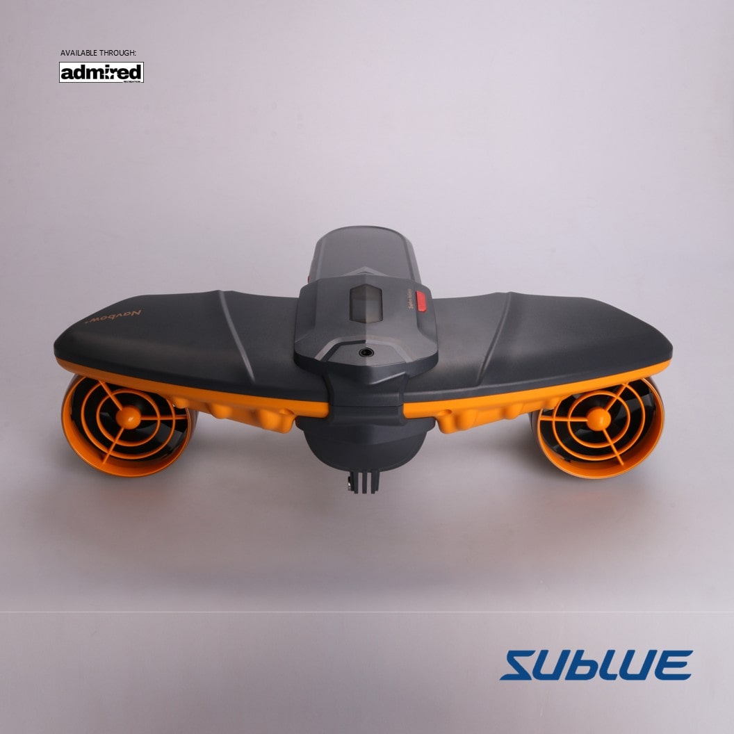 Close-up of SUBLUE Navbow+ underwater scooter with dual propellers and sleek design.