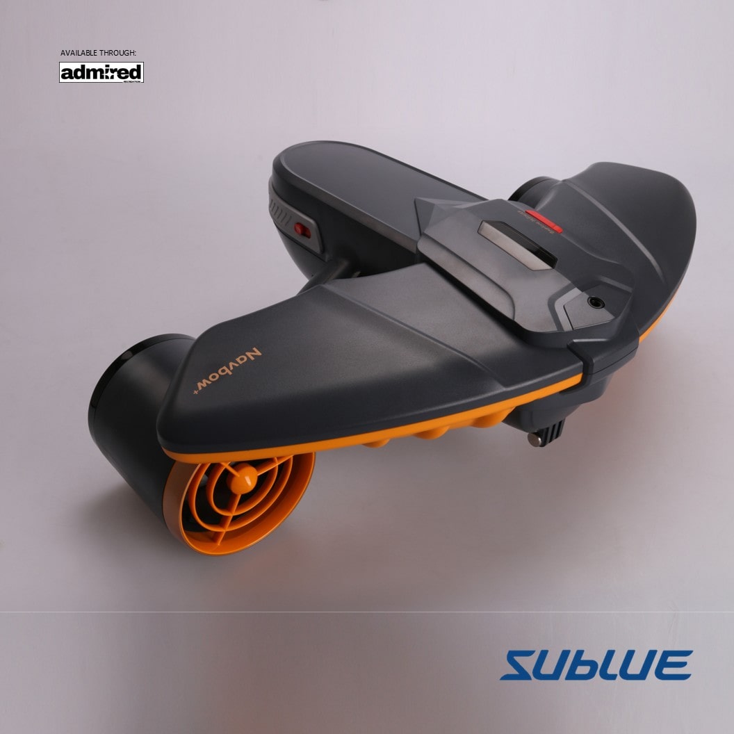 Close-up of SUBLUE Navbow+ underwater scooter with dual propellers and sleek design.