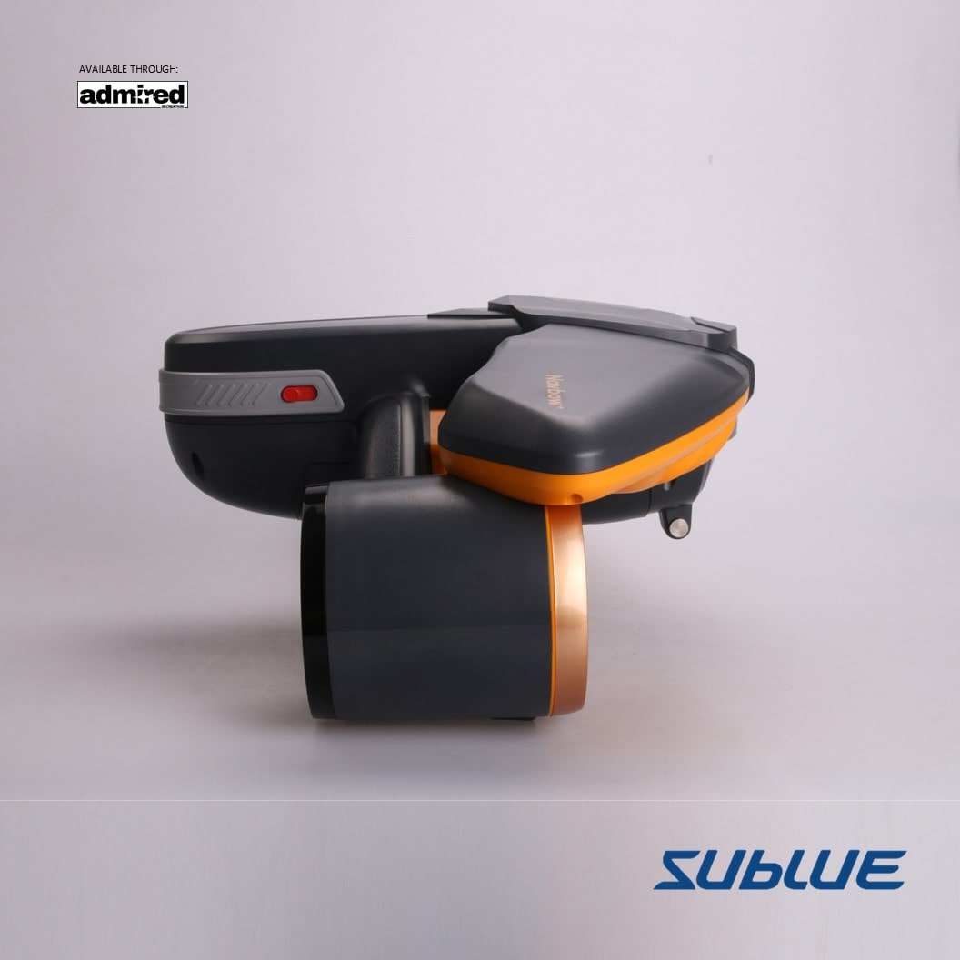 Close-up of SUBLUE Navbow+ underwater scooter with dual propellers and sleek design.