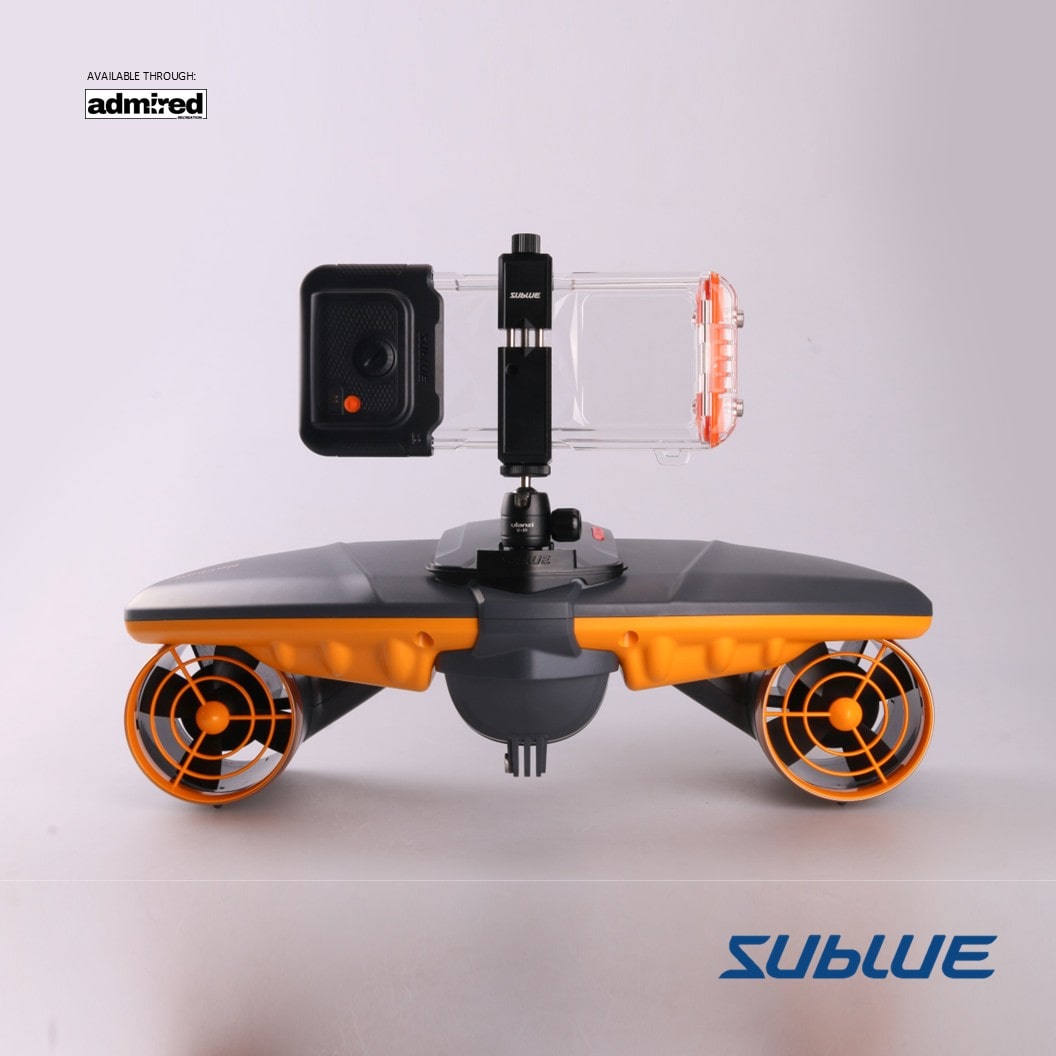 Sublue underwater scooter with smartphone mount and H1 waterproof phone case.