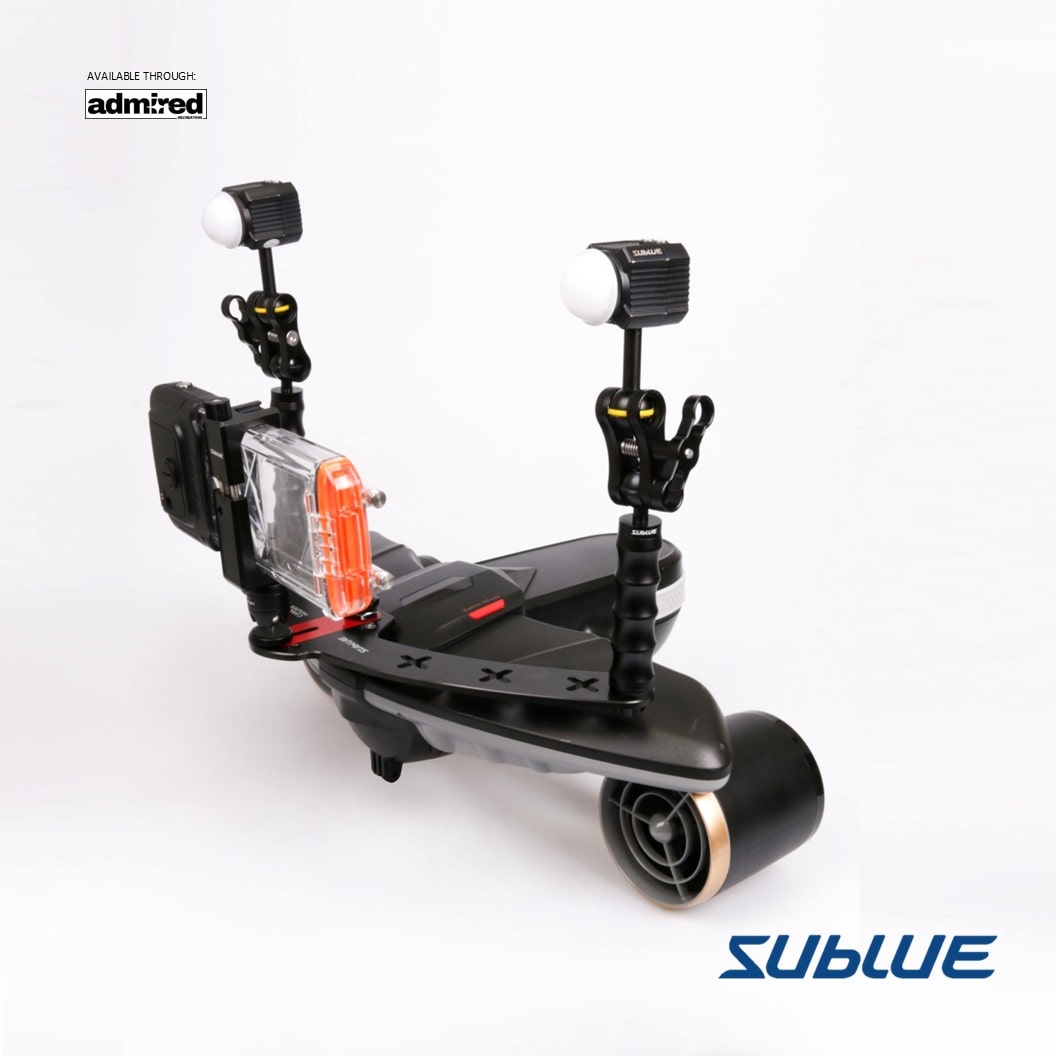 Sublue underwater scooter with smartphone mount and dual lights for photography