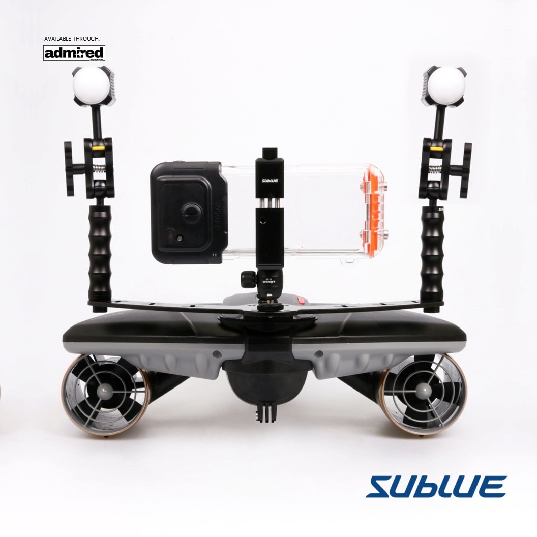 Sublue H1 Smart Waterproof Phone Case on underwater scooter with lights for photography.