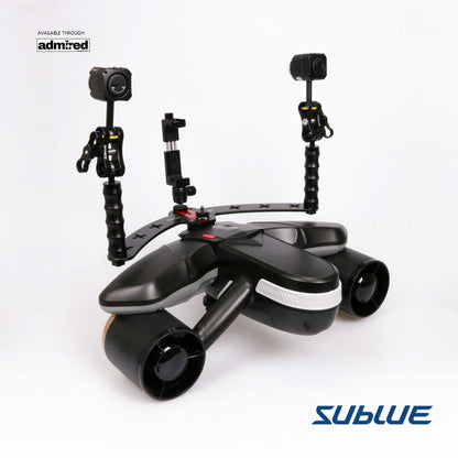 Sublue Navbow+ underwater scooter with dual propellers and camera mounts.